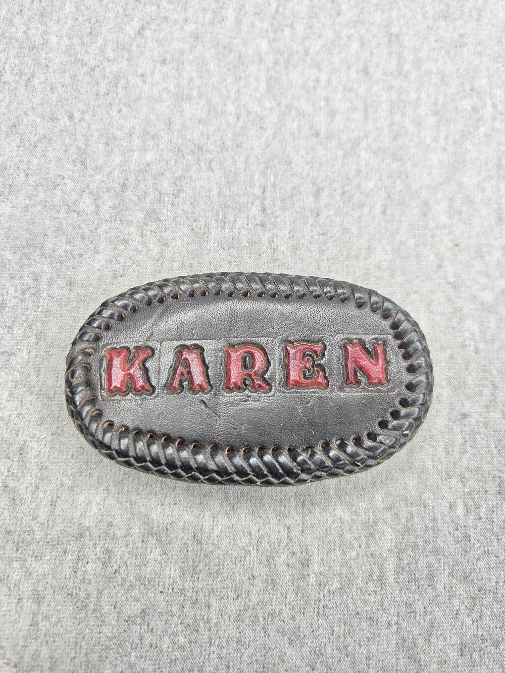 Hand Tooled Black Leather Belt Buckle Karen Name Handcrafted Red Laced Border